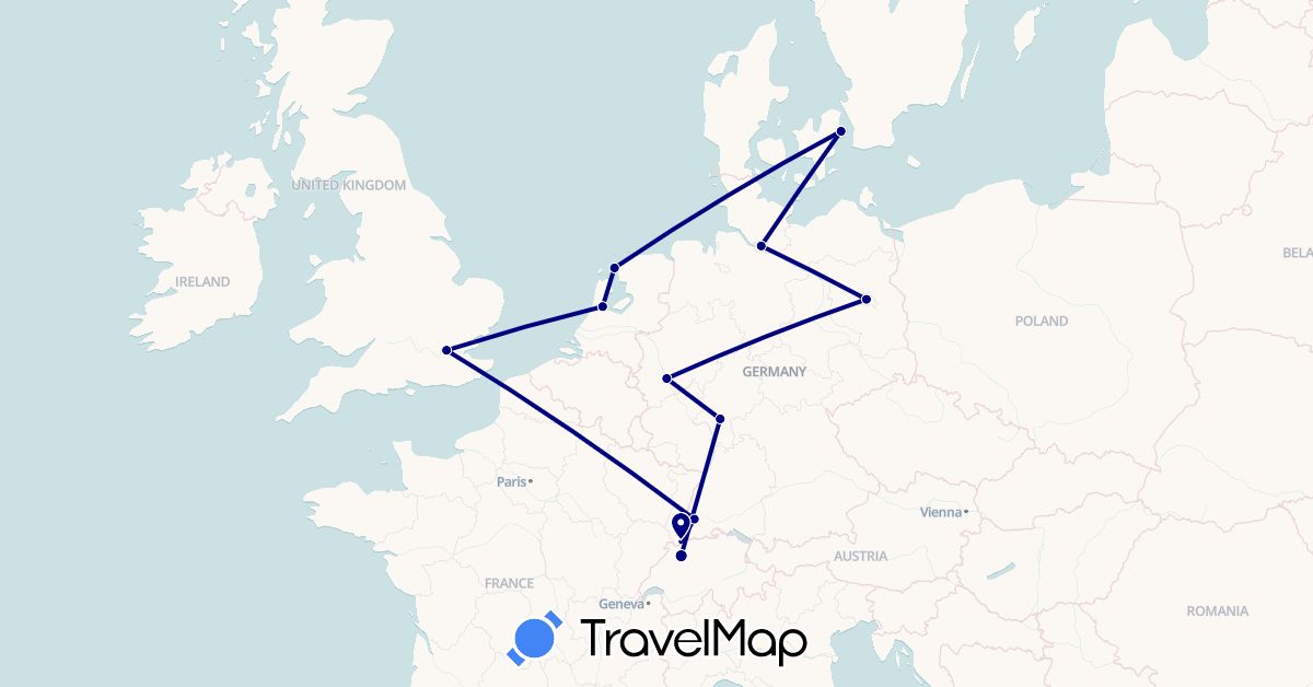 TravelMap itinerary: driving in Switzerland, Germany, Denmark, United Kingdom, Netherlands (Europe)